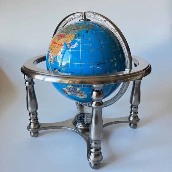 Vintage Gemstones World Globe: Lapis Lazuli Ocean, Silver Metal Stand, Compass - Picture 10 of 17